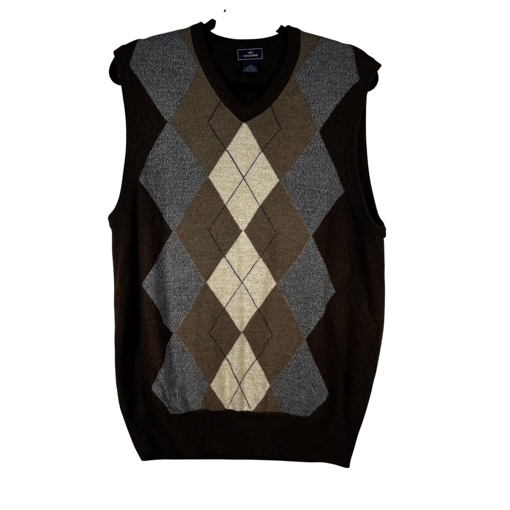 Dockers Sweater Vest Mens Brown Acrylic Argyle‎ V-Neck Knit Size Large